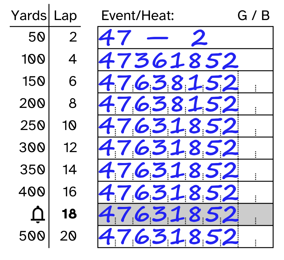 Completed lap counting sheet